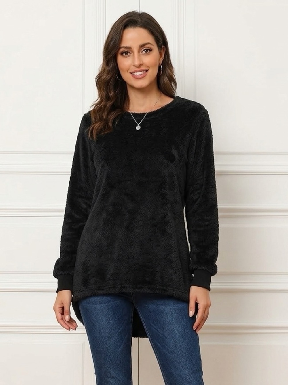 Black faux fur long sleeve top